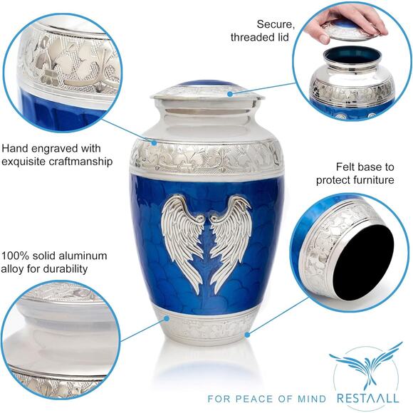 Cremation Urn for Human Ashes for Humans or Pets Angel Wings Blue - Picture 2 of 7